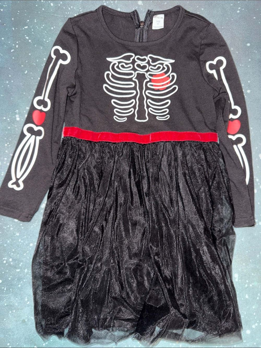 SHEIN girls Halloween Black Skeleton Dress with Red Heart Accent 5 new